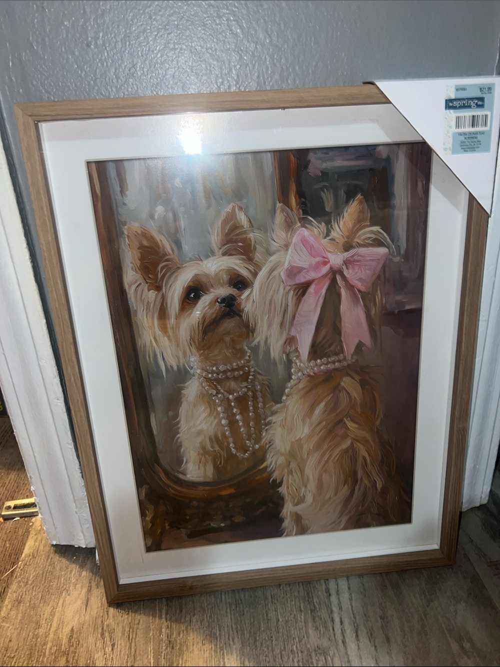 Framed Yorkshire Terrier Canvas Art Print with Pink Bow - Pets Dog Wall Decor